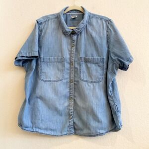 LL Bean Chambray Denim Button Up Shirt Womens Plus Size 2X Short Sleeve Blue